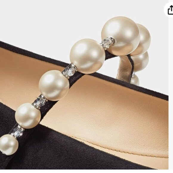 MIRAAZZURRA Mary Jane Pearl Strap Ballet Flats Square Toe Suede Black Size 10 - Picture 2 of 7